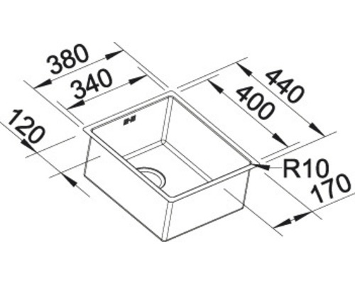Tekening van een spoelbak met afmetingen