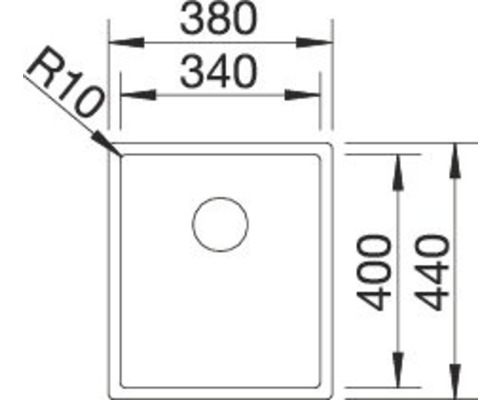 Technische tekening van een spoelbak met maatvoering in millimeters