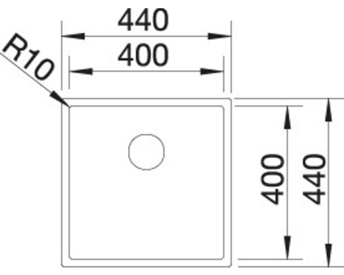 Technische tekening van een vierkante wastafel met afmetingen van 400 bij 400 millimeter en 440 bij 440 millimeter.