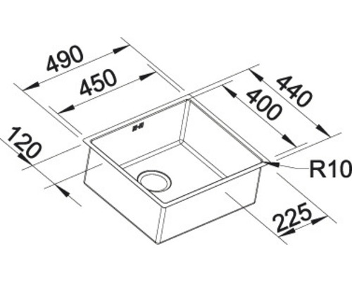 Technische tekening van een spoelbak met afmetingen