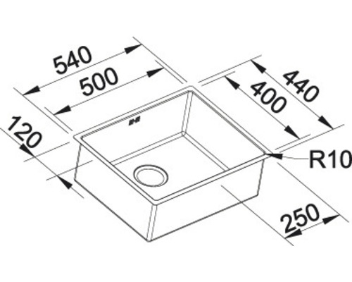 Technische tekening van een spoelbak met afmetingen
