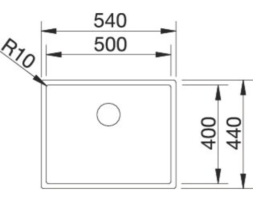 Technische tekening van een spoelbak met maatvoering.