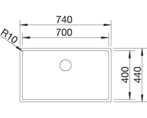Technische tekening van een rechthoekige wastafel met afmetingen van 740 bij 440 millimeter