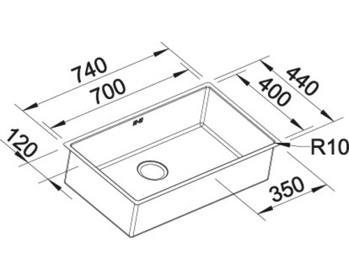 Technische tekening van een spoelbak met afmetingen.