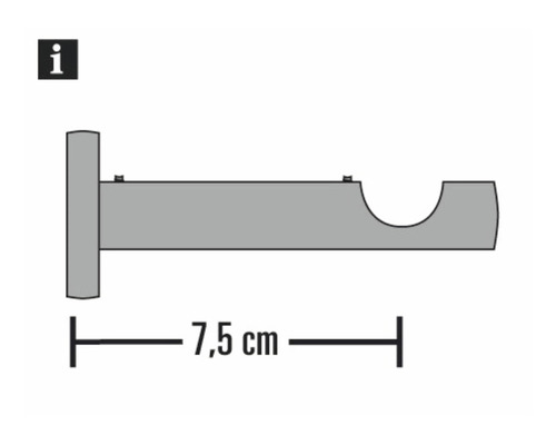 Schets van een gordijnroedesteun met een lengte van 7,5 cm.