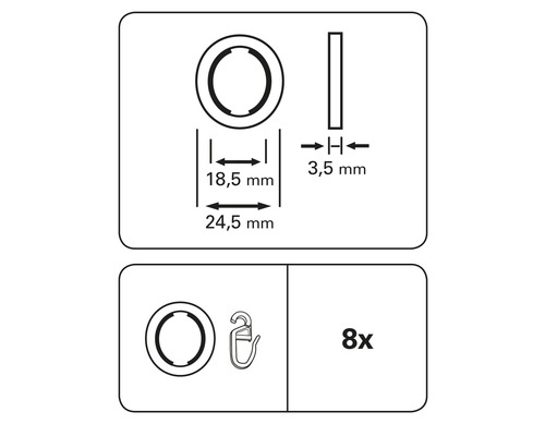 Technische tekening van gordijnringen met afmetingen 18,5 millimeter en 24,5 millimeter, inclusief gordijnhaken, 8 stuks