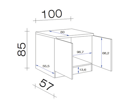 Technische tekening van een onderkast met afmetingen