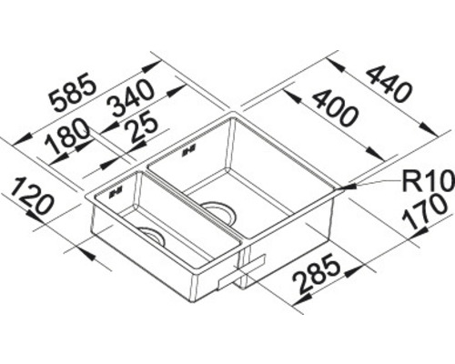 Tekening van een spoelbak met maatvoering.