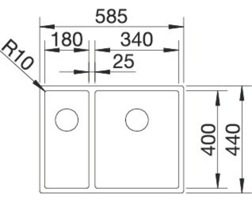 Schets van een spoelbak met afmetingen van 585 x 440 millimeter