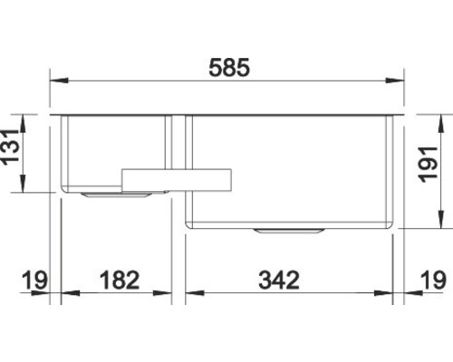 Maattekening van een spoelbak met de afmetingen 585, 191, 131, 342, 182 en 19 millimeter.