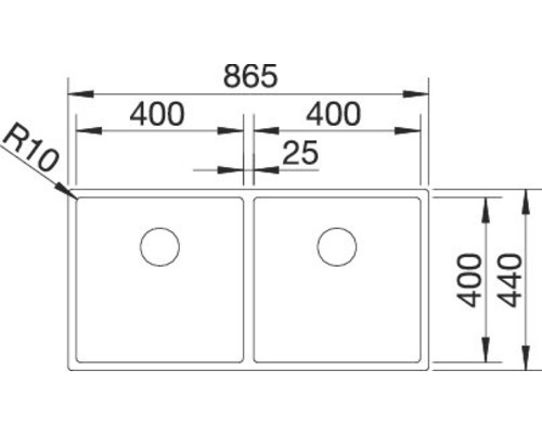 Tekening van een dubbele spoelbak met afmetingen