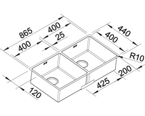 Tekening van een spoelbak met afmetingen