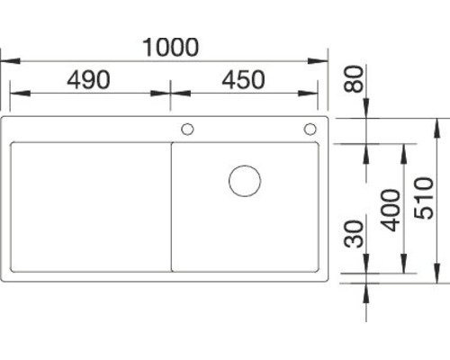 Technische tekening van een spoelbak met afmetingen