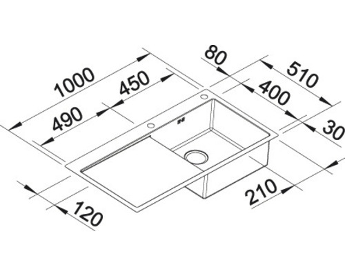 Technische tekening van een gootsteen met maatvoering