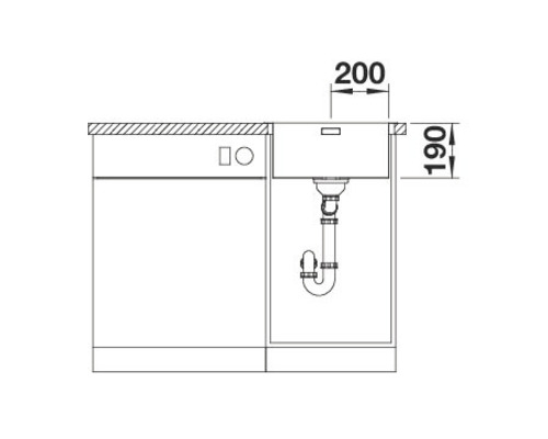 Tekening van een spoelbak met afmetingen van 200 bij 190 millimeter