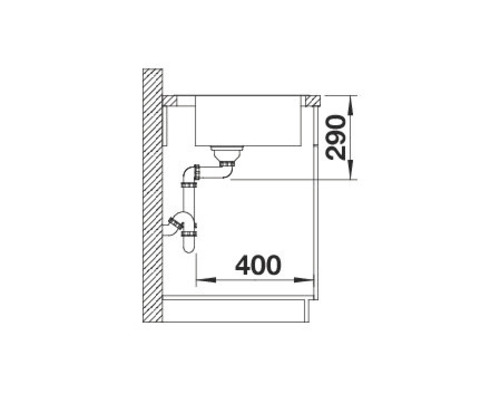 Technische tekening van een spoelbak met de afmetingen 290 en 400.