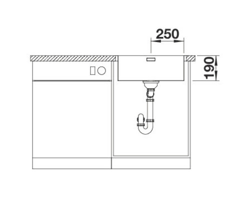Technische tekening van een spoelbak met de afmetingen 250 bij 190.