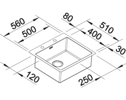 Technische tekening van een spoelbak met afmetingen