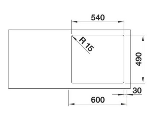 Spoelbak technische tekening met afmetingen 600 x 540 mm