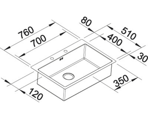 Tekening van een spoelbak met maataanduidingen