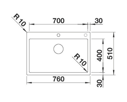 Technische tekening van een spoelbak met afmetingen