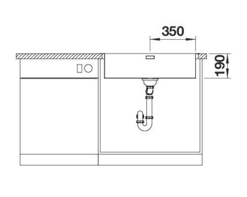 Schets van een wastafel met afmetingen 350 en 190.