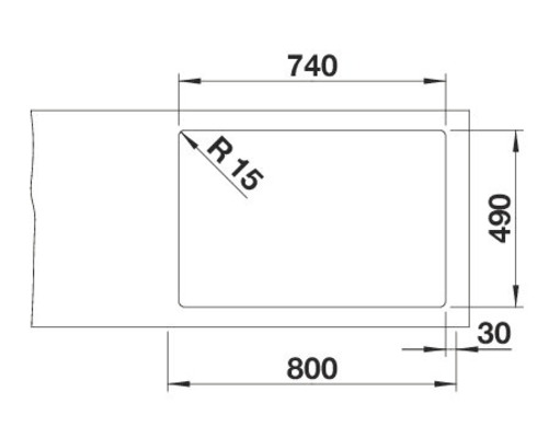 Technische tekening van een spoelbakuitsparing met afmetingen.