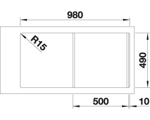 Technische tekening van een spoelbak met de afmetingen 980 x 490 millimeter