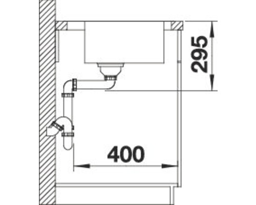 Schets van een spoelbak met afvoerpijp en maatvoering