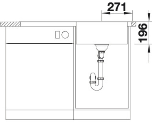 Tekening van een gootsteen met afmetingen, inclusief sifon