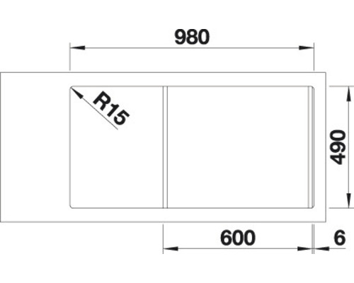Tekening van een spoelbak met afmetingen van 980 bij 490 millimeter
