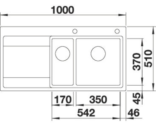 Technische tekening van een spoelbak met afmetingen.