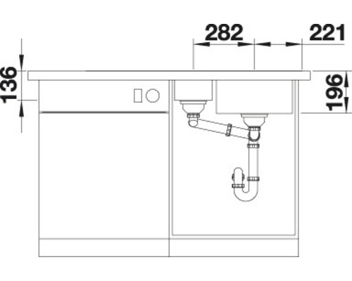Technische tekening van een gootsteen met afmetingen