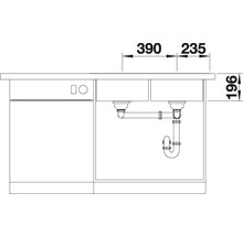 Technische tekening van een spoelbak met afmetingen van 390, 235 en 196 millimeter.