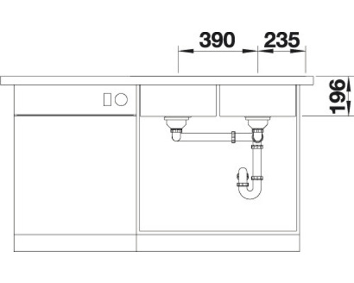 Technische tekening van een spoelbak met afmetingen van 390, 235 en 196 millimeter.