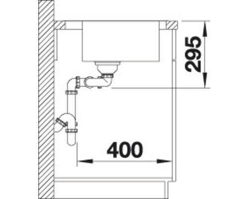 Schema van een spoelbak met sifon en de afmetingen 295 en 400 millimeter.