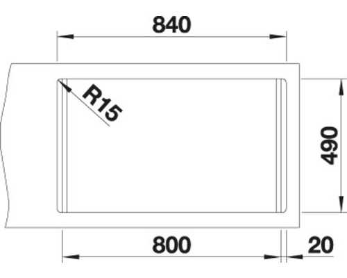 Technische tekening van een spoelbak met afmetingen 840 x 490 millimeter en een hoekradius van 15 millimeter