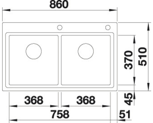 Maatschets van een spoelbak met twee bakken en kraanbank