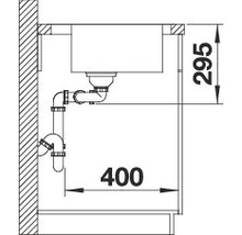 Schets van een spoelbak met afmetingen 295 en 400 millimeter.