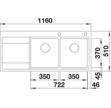 Technische tekening van een gootsteen met afmetingen