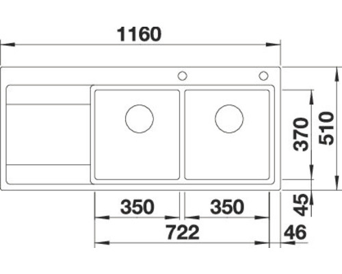 Technische tekening van een gootsteen met afmetingen