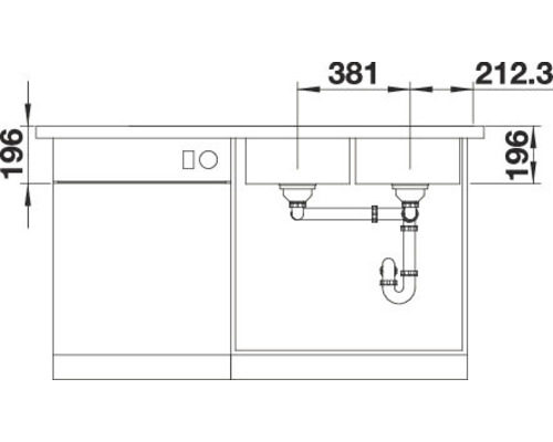Technische tekening van een spoelbak met afmetingen.