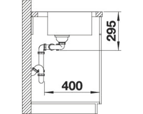 Technische tekening van een spoelbak met de afmetingen 400 bij 295 millimeter.