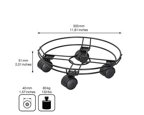 Plantenroller van metaal met wielen, diameter 300 millimeter, draagvermogen 60 kilogram