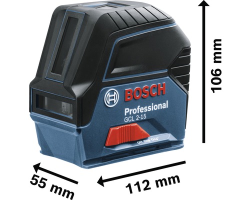 Bosch GCL 2-15 Professional combinatie laser met de afmetingen 112 mm x 55 mm x 106 mm