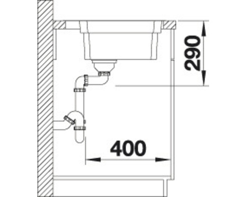 Tekening van een spoelbak met afmetingen 290 en 400 millimeter.
