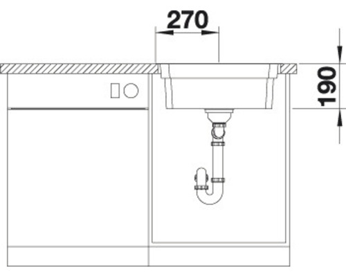 Schets van een gootsteen met de afmetingen 270 en 190.