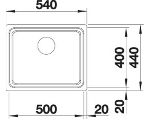 Technische tekening van een spoelbak met afmetingen