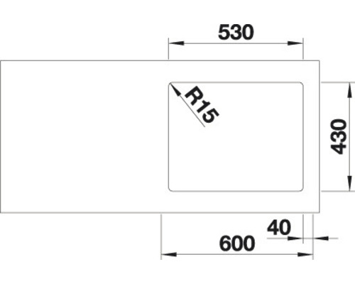 Tekening van een spoelbak met afmetingen van 530, 430, 600 en 40 millimeter