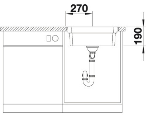 Schets van een gootsteen met afmetingen